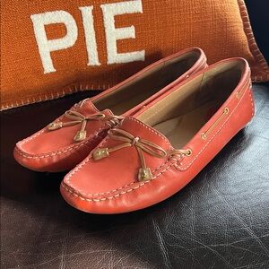 Clarks Women's Orange Leather Moccasin Loafers with Bow Detail